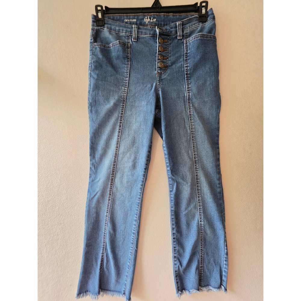 Style & Co Womens Blue Crop Flare Jeans Button Fly High Rise Size 8 Front Seam